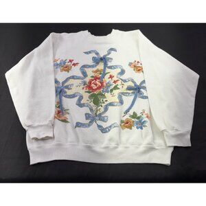 Vintage 80s Floral Bow Sweatshirt OSFA or XL Made In USA Blue Pink